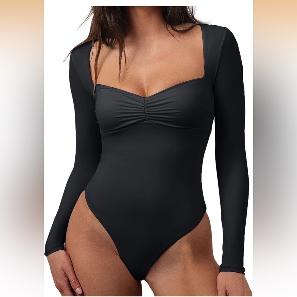 CHYRII Sexy Square V Neck Bodysuit  Long Sleeve Going Out Top XS/383-8